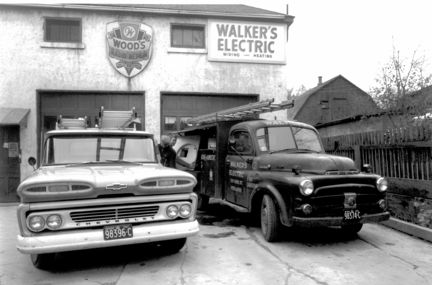 Walker's Electric shop on King Street with a Chevrolet and Dodge service truck