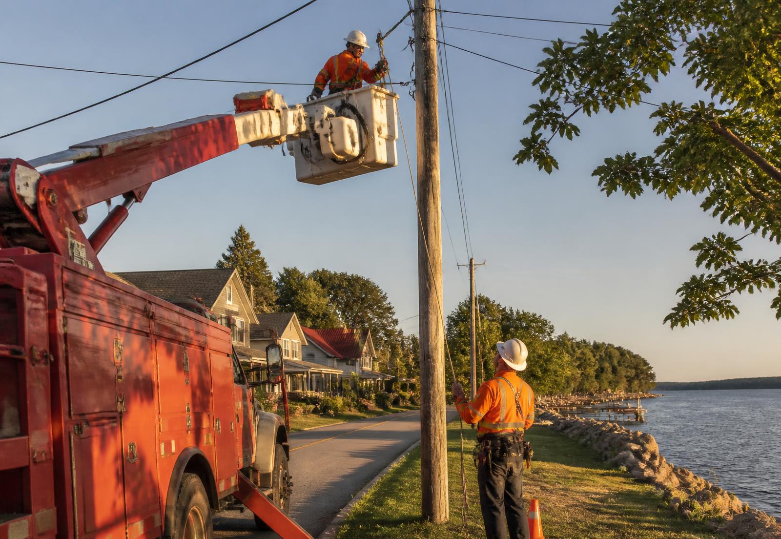Walker's Electric powerline crew working from a bucket truck on a hydro pole in Midland, Ontario