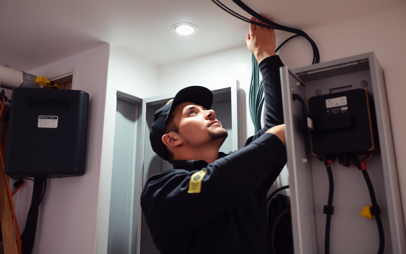 Electrician wiring a home electrical panel